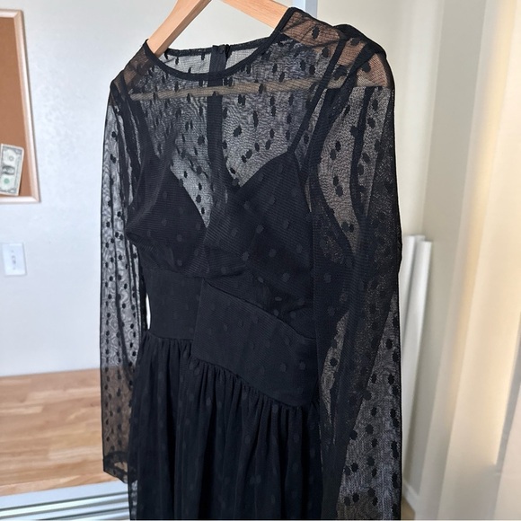 B Darlin Women Black Flocked Polka Dots A-Line Sheer Lace Dress Size 7/8 - Picture 3 of 8